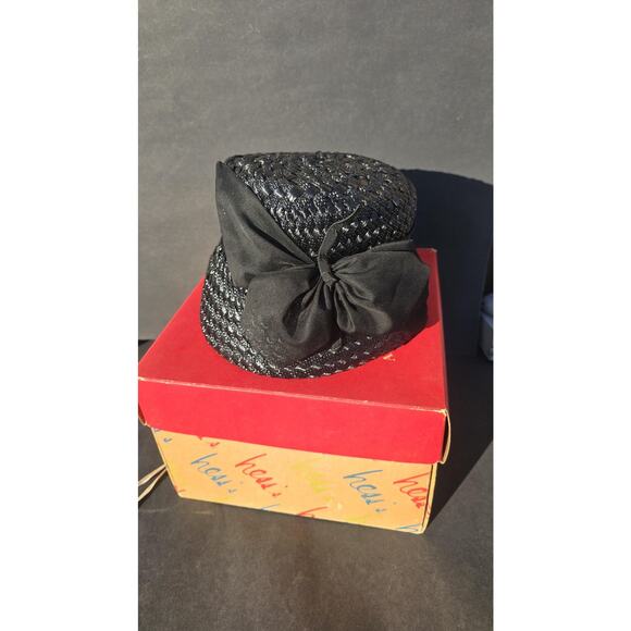 Vintage Hess Brothers Hat Cloche Fitted Womens Medium Black Straw Bow Box 60s - Picture 3 of 9